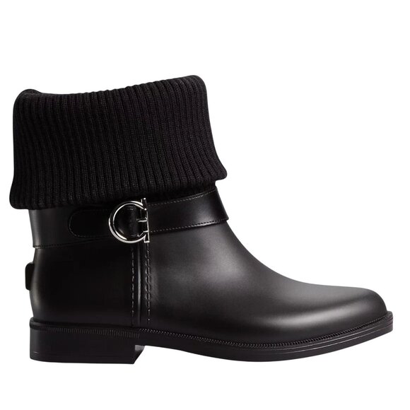 Salvatore Ferragamo Thordis Rain Boots Black Fold Down Ribbed Knit Shaft 7